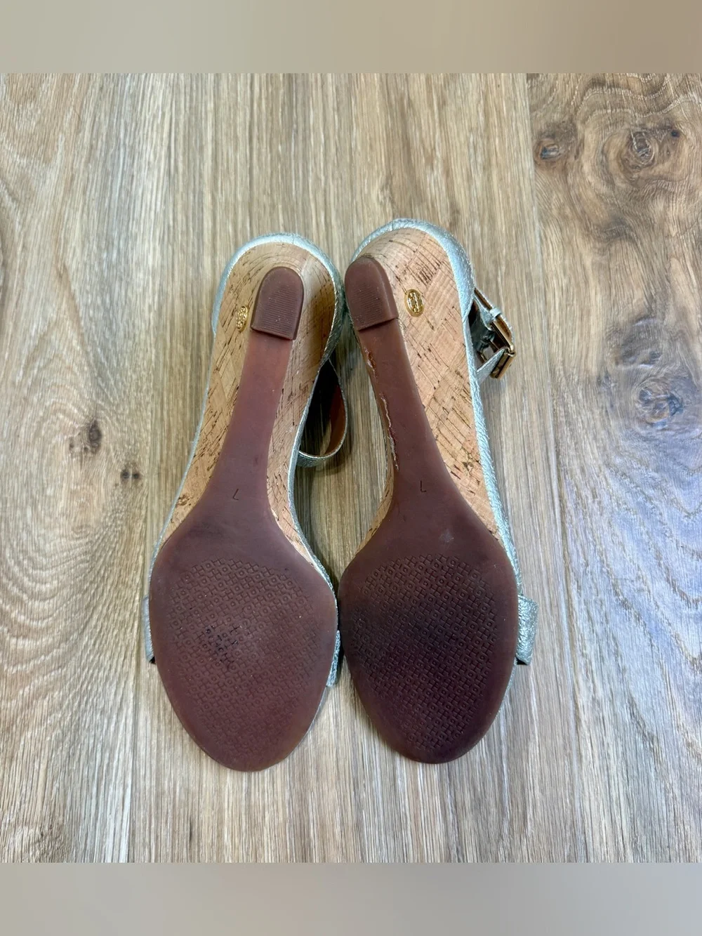 Tory Burch Metallic Leather Cork Wedge Ankle Strap Sandals Size 7M